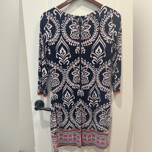 Vince Camuto Women’s Navy Blue Patterned Dress with Multicolored Hem - Picture 2 of 3